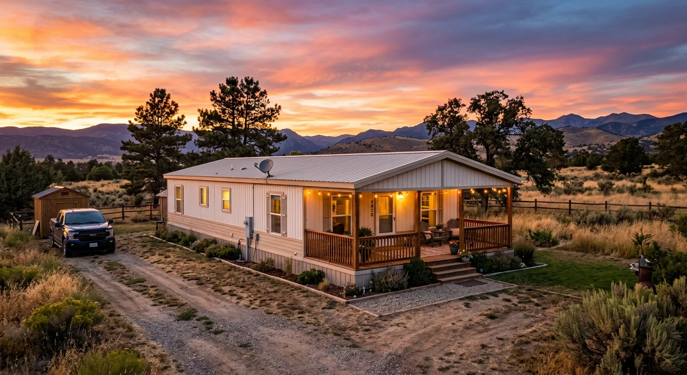 Double-wide mobile home with a covered porch at sunset